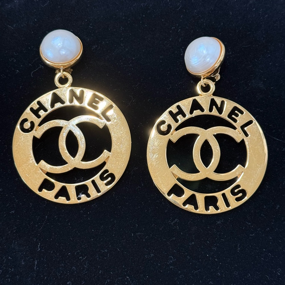 Chanel Coco Mark Gold and Pearl Logo Earrings Vintage